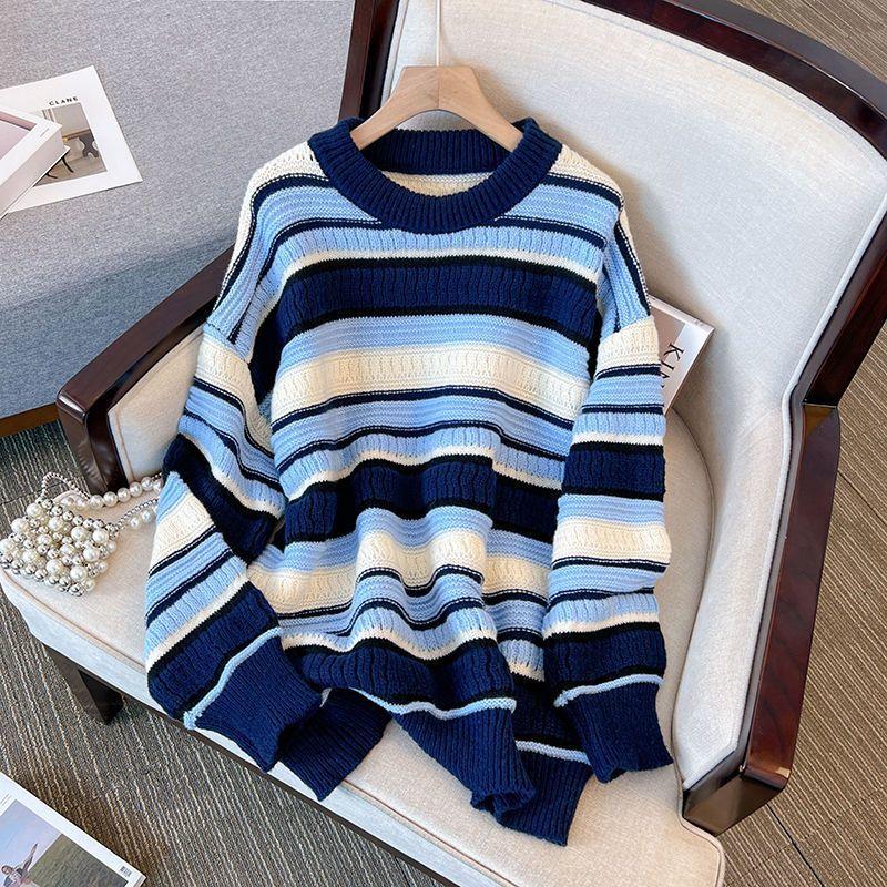 Pullover Sweater Women 2023 Autumn Loose Round Neck Design Sense Stripe Flesh Covering Knitted Sweater Pullover Female Tops