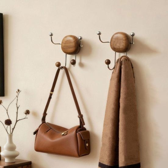Rustic Suction Cup Hook 4 Hooks Wall Mounted Organizer Hanger Wooden Hanger with Stainless Steel Hooks for Home Entryway