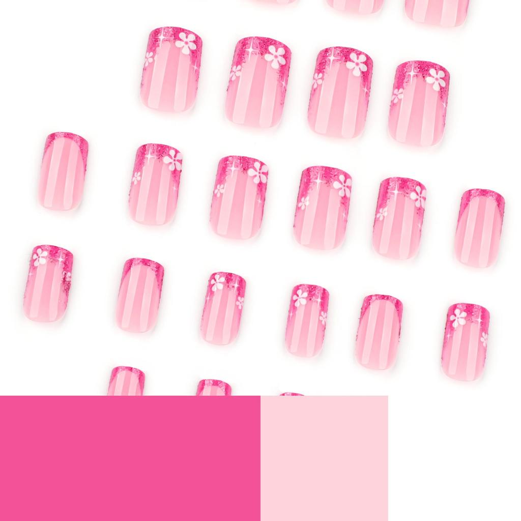 French Rose Red Glitter Press-On Short Square Fake Nails