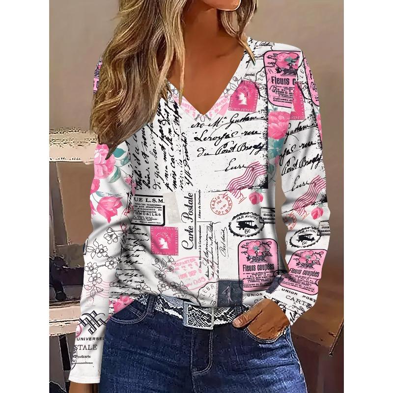Women's Autumn and Winter 3D Printed V-Neck Long Sleeve T-Shirt Fashion Versatile Trend Breathable Casual