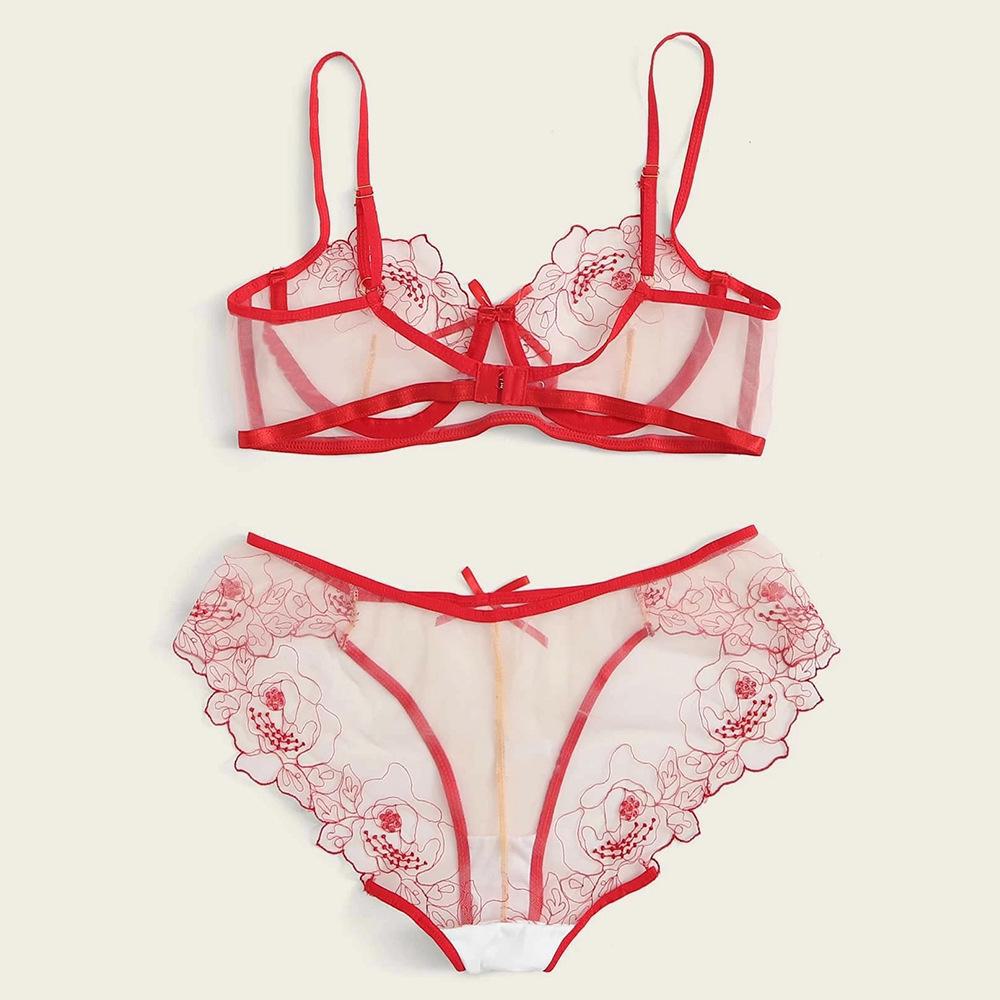 European-American Sexy Lace Mesh Bikini Lingerie Set with Embroidery