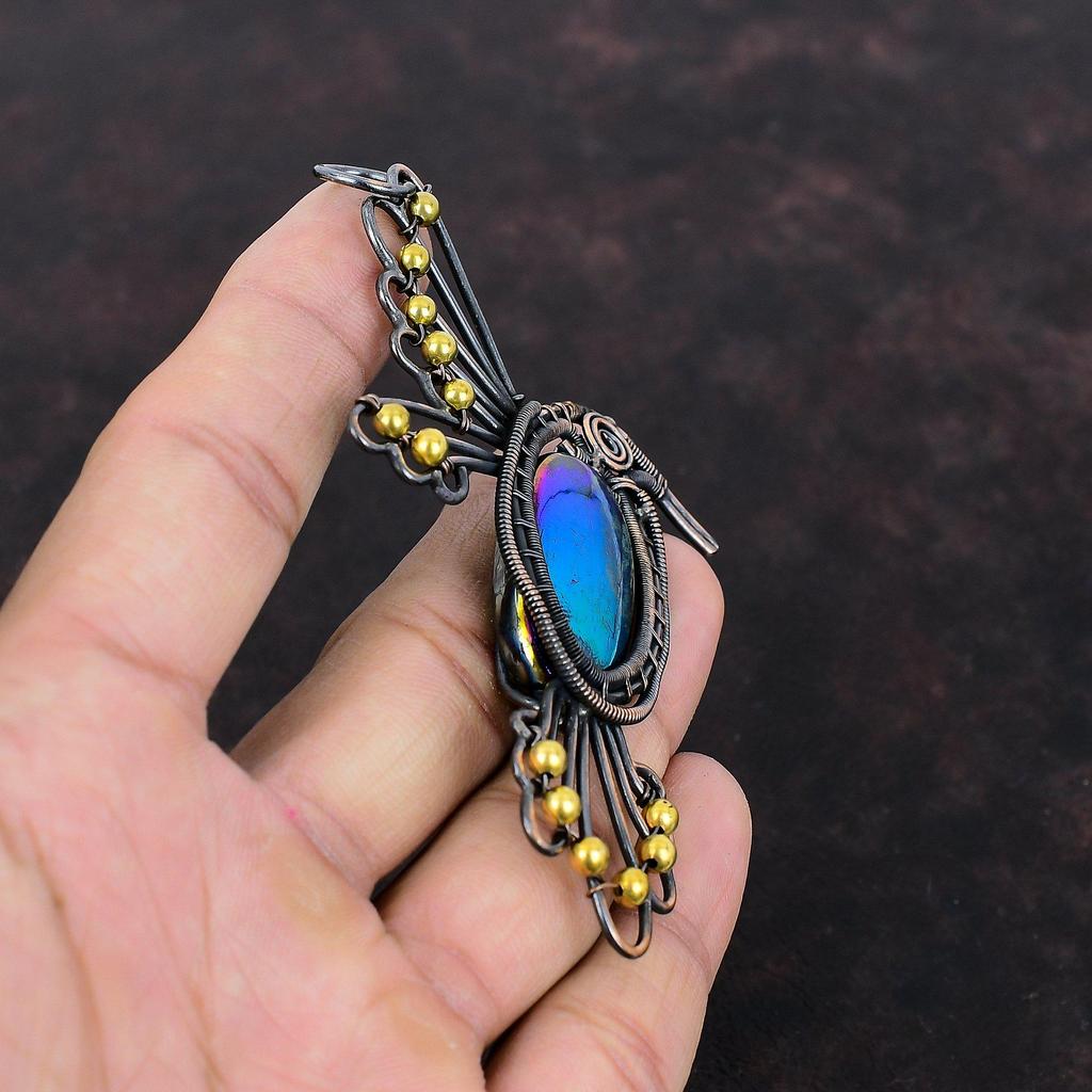 Mystic Fire Labradorite Gemstone Pendant Copper Wire Wrapped Pendant Handmade Designer Pendant Copper Wire Wrap Bird Jewelry Gift For Mother