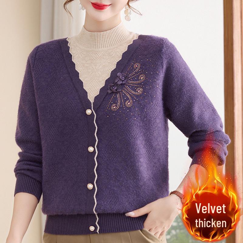 Women's Winter Knit Sweater with Fleece Lining, Faux Two-Piece, Thickened & Warm