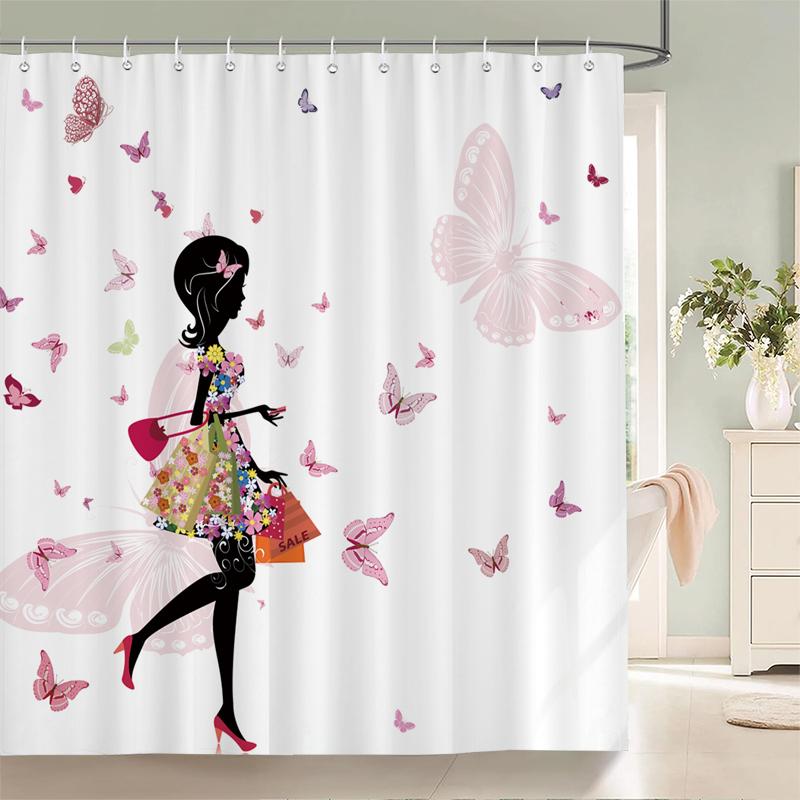 Flower Butterfly Girl Shower Curtain Waterproof Bathroom Lovely Woman Fairy Shower Curtain Polyester Cloth Home Decor Hook
