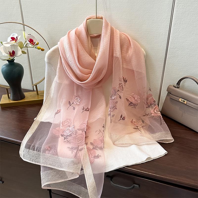 Simulation Silk Handmade Embroidered Scarf Spring And Autumn High-End Foreign Silk Scarf Femininity Easy To Match Decorative Shawl