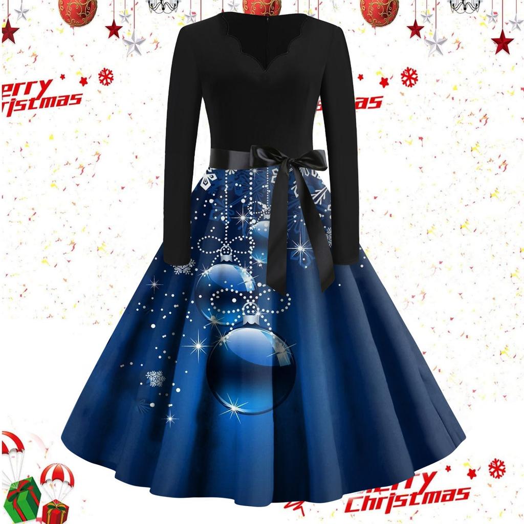 Kvinners avslappet mote langermet juleprintet vintage lange kjoler