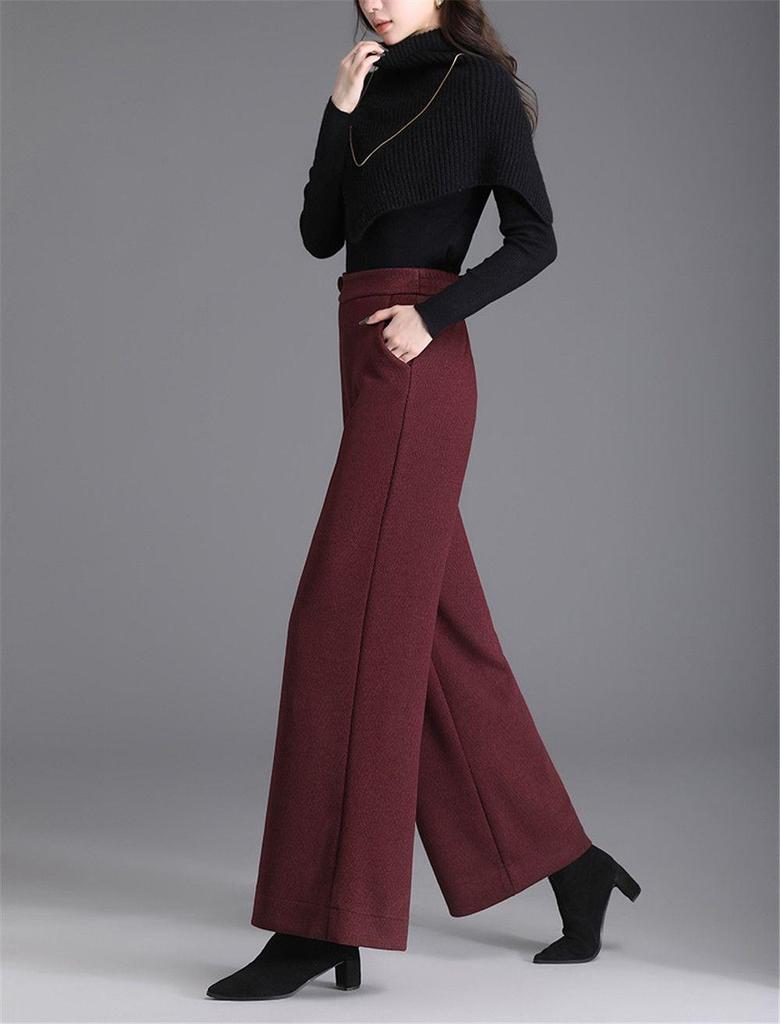 2025 Women's High-Waist Wide-Leg Wool Pants - Loose, Casual, Solid Color