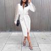 Dames Lange Mouwen V-hals Kantinzet Tailleband Split Midi Jurk Elegante Kantoor Werkkleding