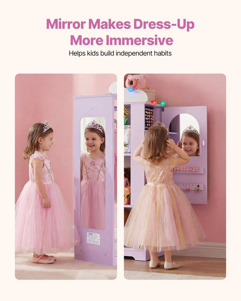 VEVOR Kids Dress Up Storage, with Jewelry Cabinet, Dress Up Closet with Mirror and Shelves, Princess Costumes Wardrobe Closet