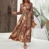 Women Spring Long Sleeve Floral Print V-neck Dress Summer Casual A-Line Ankle-Length Elastic High Waist Dresses