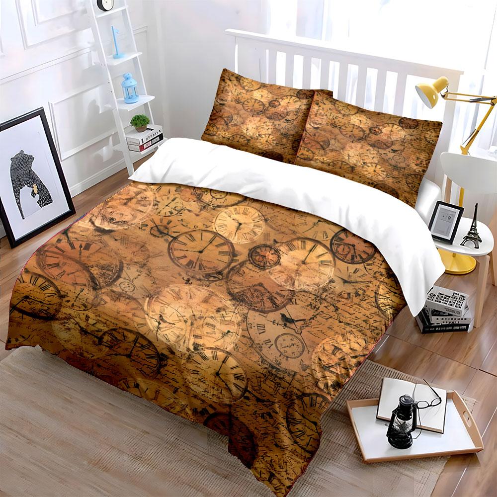 Vintage Clock Pattern Set Soft Comfortable Duvet Cover Bedding Set Included 1*Duvet Cover & 2*Pillowcases, Gift