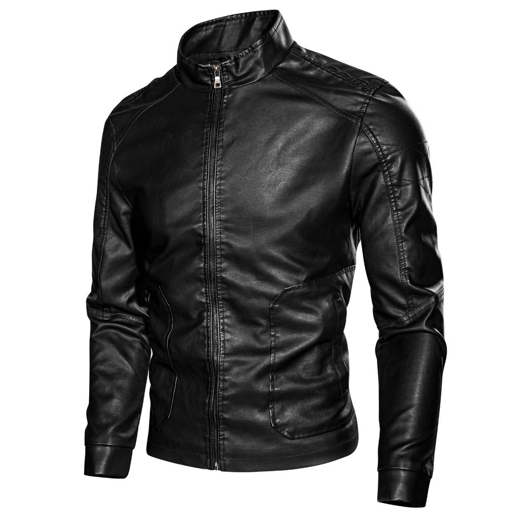 Popular Spring and Autumn Stand-up Neck Leather Jacket Men's Slim Trendy Brand Stream Lapel Leather Jacket Explosive Handsome Locomotive Outside