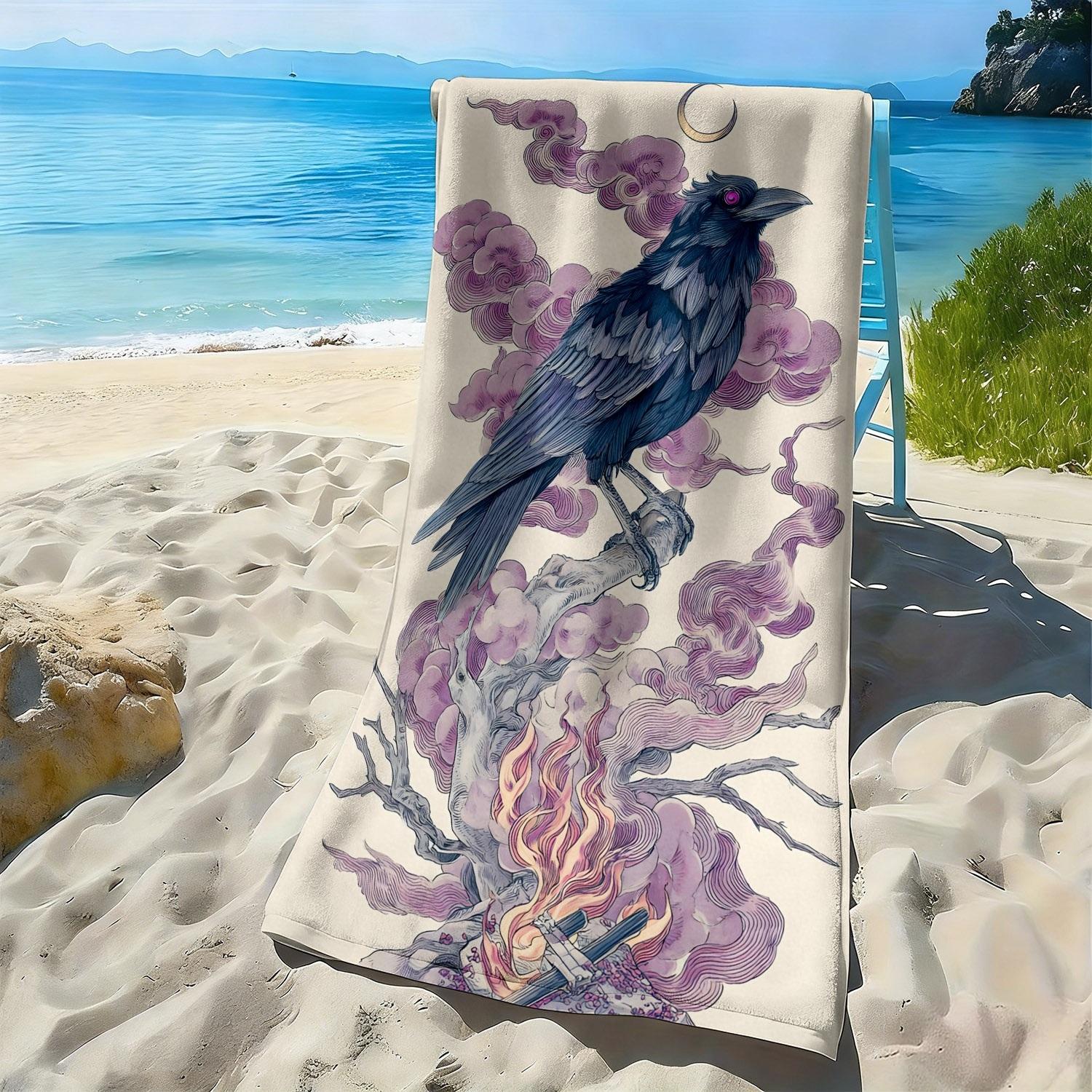 

Crow s cloud and flame patterns polyester microfiber beach towel is highly absorbent, suitable for swimming and beach outings W40*H60(CM)