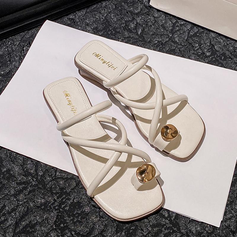 Fashion Metal Decoration Clip Toe Slippers Women Cross Band Flip Flops Soft Leather Summer Beach Shoes Woman Low Heels Sandalias Szie 43