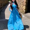 Summer French design blue streamer dark flower suspender dress women's holiday style lined pendulum long skirt