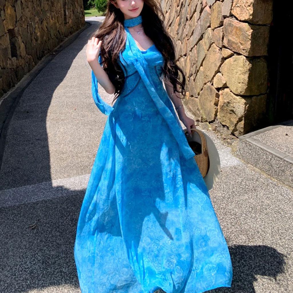 Summer French design blue streamer dark flower suspender dress women's holiday style lined pendulum long skirt