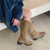 Coarse Heel Suede Khaki Pile Pleated Knight Boots Women's Shoes New Autumn and Winter Long Boots