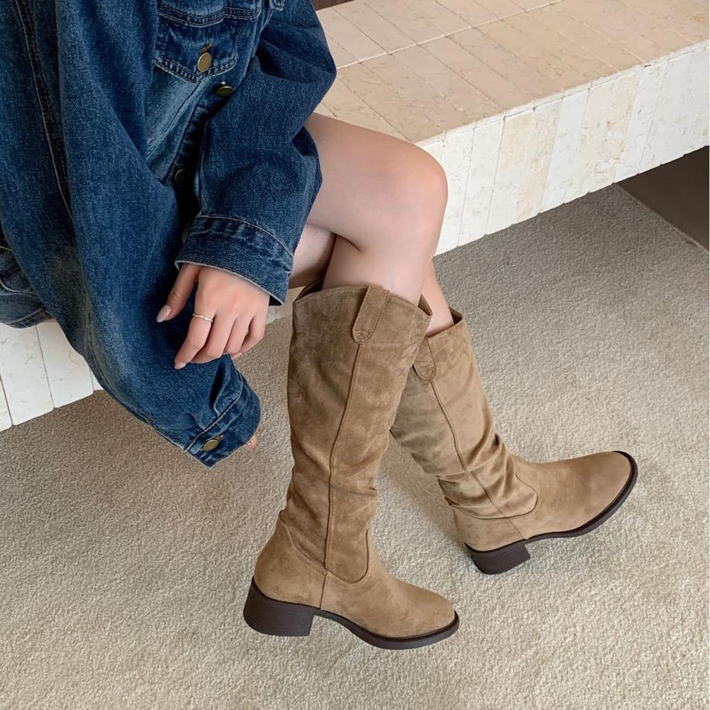 Coarse Heel Suede Khaki Pile Pleated Knight Boots Women's Shoes New Autumn and Winter Long Boots