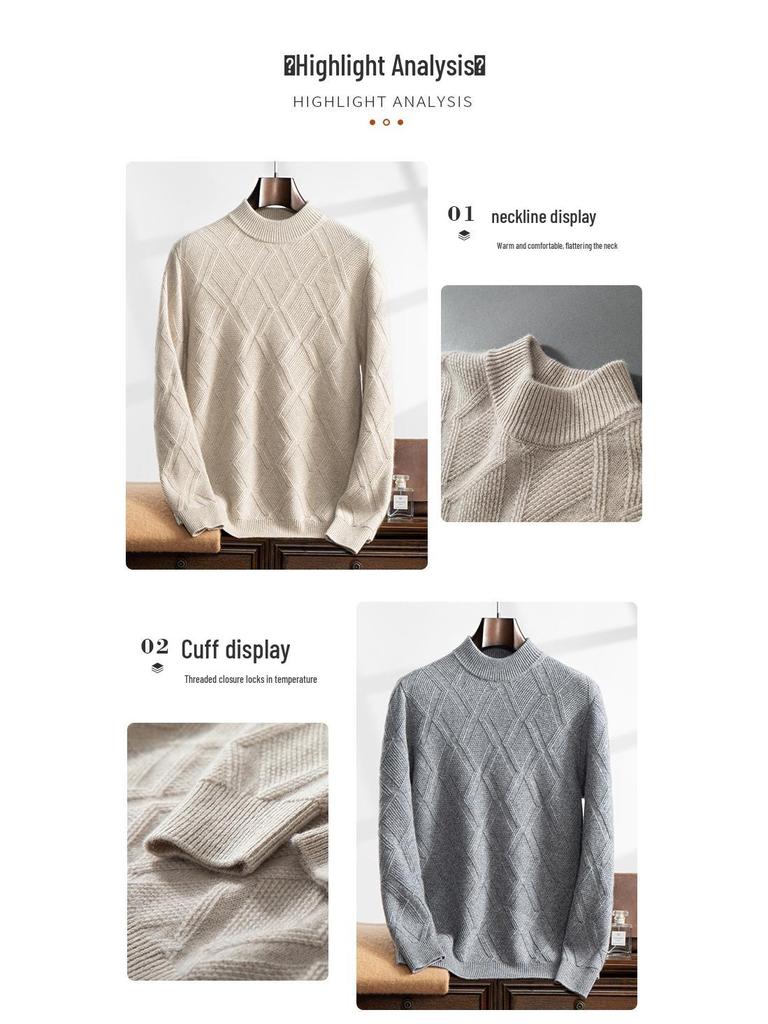 Men's Cashmere Jacquard Pullover Sweater - Half High Neck, Thick, Loose Fit, Long Sleeve, Business Casual