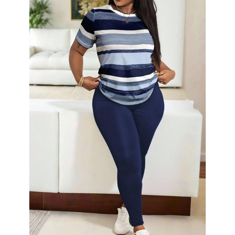 Women's 2-Piece Shirts & Long Pants Set Short Sleeve Printed T-Shirts Sport Pants
