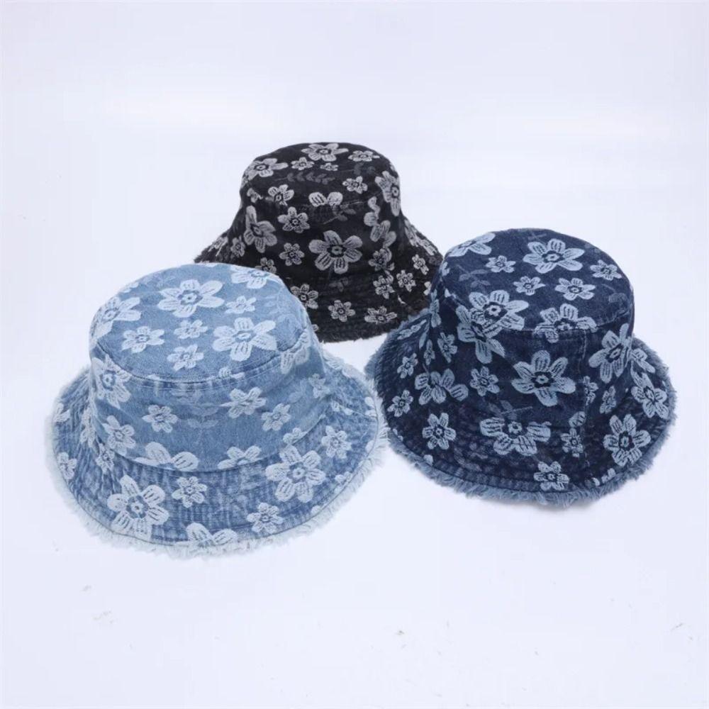 Washed Denim Fisherman Hat Frayed Brim Sunscreen Sun Cap Retro Cowboy Bucket Hats Travel