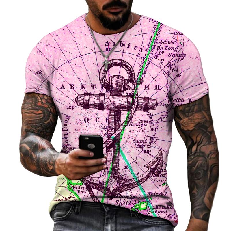 Summer Round Neck 3D Anchor Pattern Print Top Fashionable Casual Short Sleeved Men's T-shirts