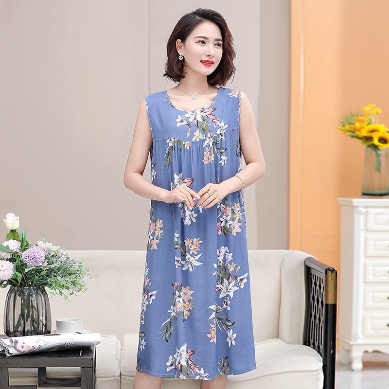 Summer Middle-Aged Elderly  Silk Women's Dresses Large Size Mother's Casual Homewear