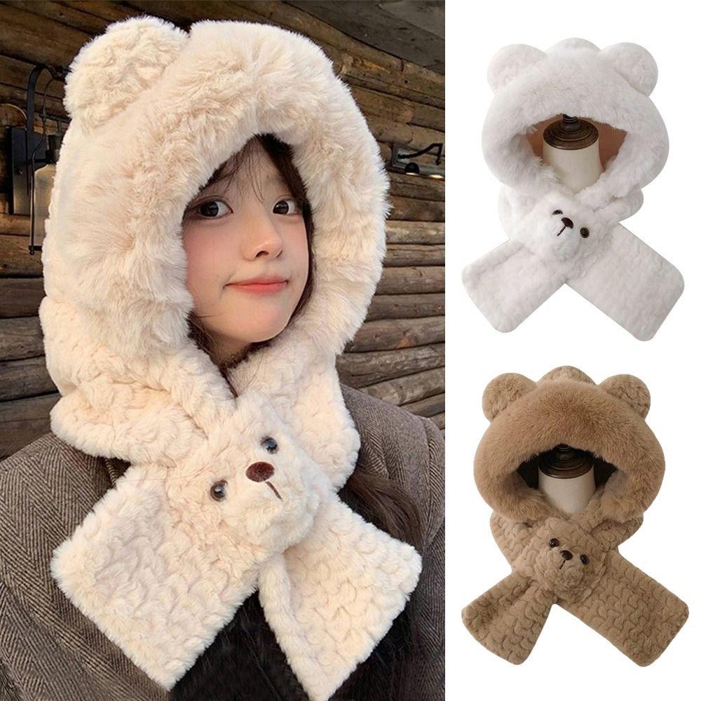 Plush Integrated Hat Scarf Set Warm Neck Warmer New Pullover Cap  for Outdoor Cycling Skiing