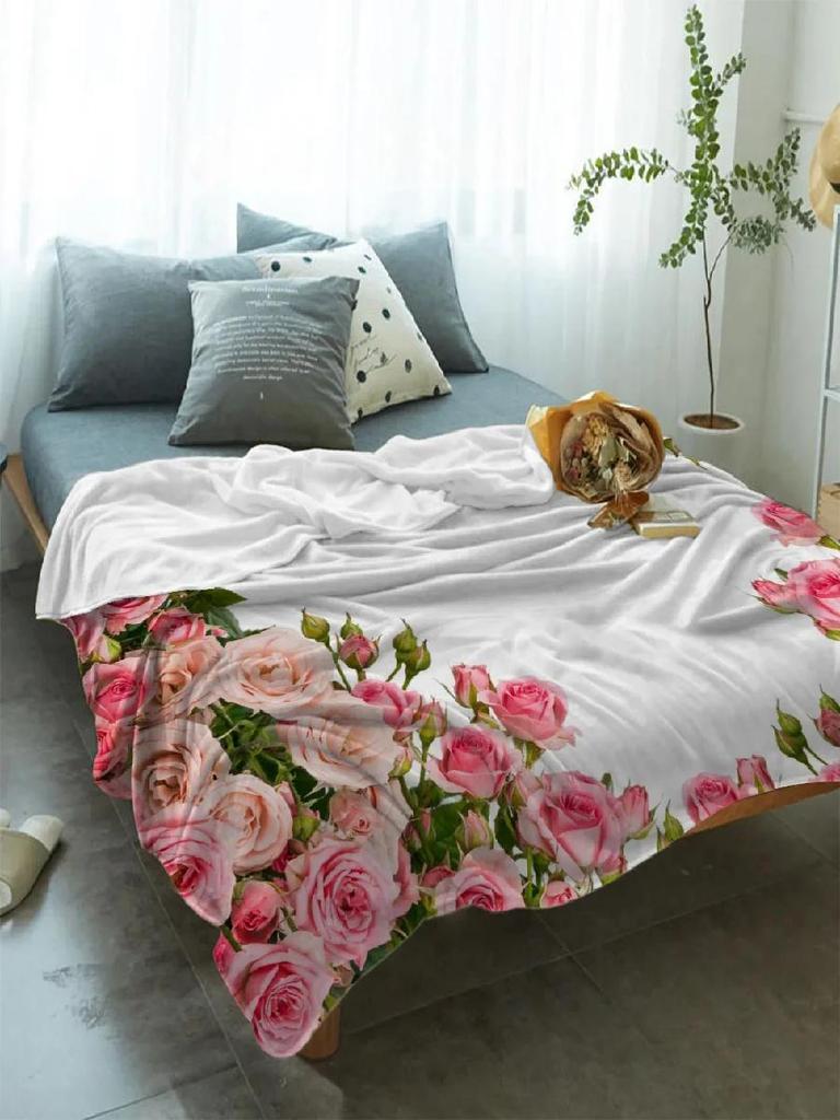 Pink Rose Bouquet White Throw Blanket Portable Warm Blanket for Beds Home Decor Sofa Blanket