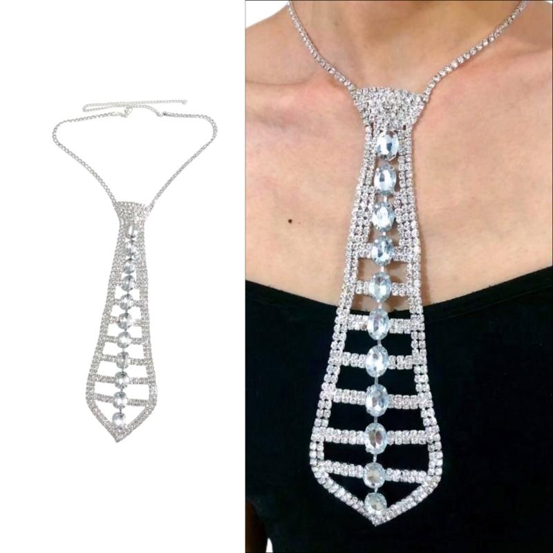 Elegant Tie Necklace with Sparkling Rhinestones for Formal Occasion Uniform Tie Punk Jeweled Chain Tie