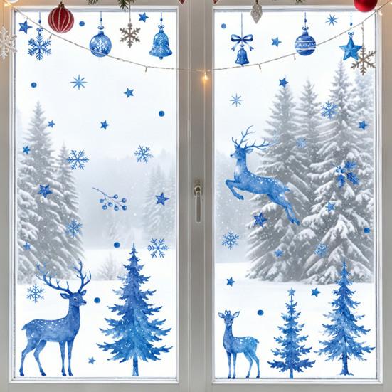 Seasonal Window Display Accents Watercolor Christmas Sticker, Non Adhesive Blue Elk Snowflake Tree Decals Wall Decal, Static Cling Removable