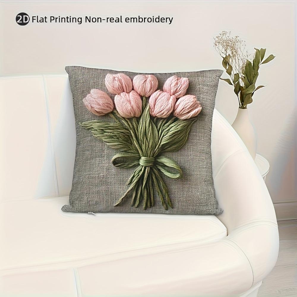 Pink Tulip Bouquet Pillow Cover 2D Faux Embroidery Print Vintage Floral Cushion Case For Sofa Bed Couch Elegant Home Decor