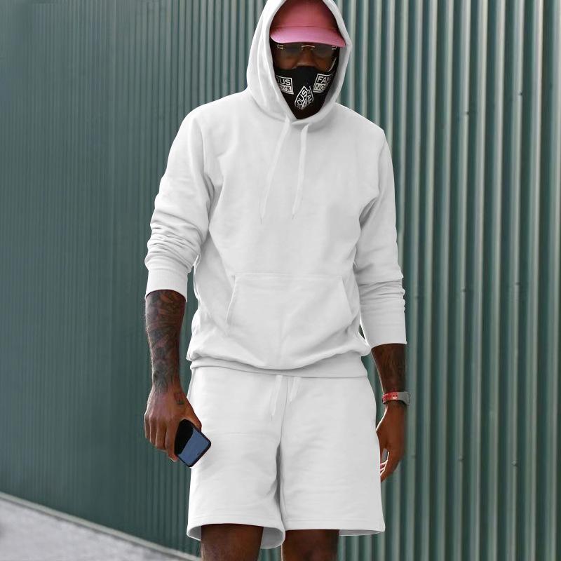 Men's Fleece Hoodie Shorts Two-piece Loose Solid Color Casual Sports Men's Suit