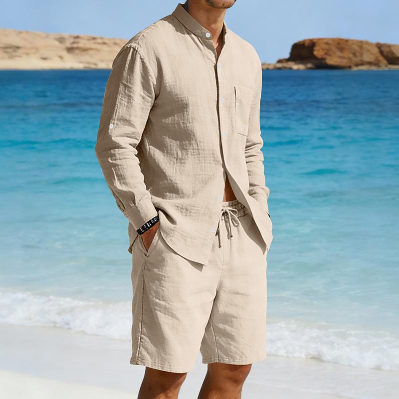 Mens American Style Casual Loose Long Sleeve Shirt And Shorts Set
