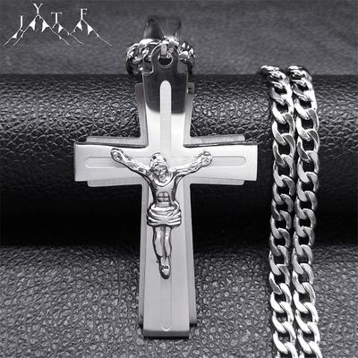 Jesus Cross Necklace Women Stainless Steel Chain for Men Silver Color Crucifix Religious Necklaces Jewelry Cruz Collar N2343S05
