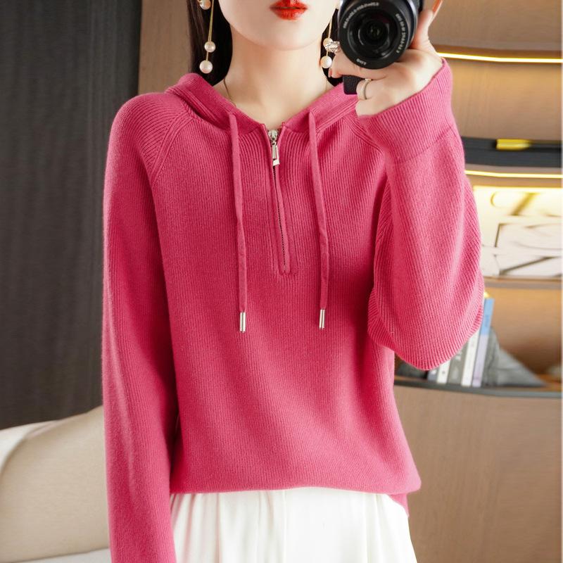 Hooded Solid Color Semi-new Drawstring Sweater Zipper Casual Loose Women's Pullover Andy Velvet Long-sleeved Bottoming Top
