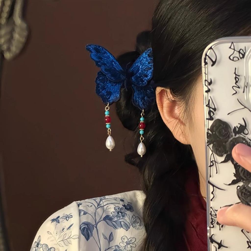 Handmade Antique Style Blue Butterfly Embroidered Hairpin Chinese Hanfu Accessory Hairpin Ancient Style Side Hairpin Headwear