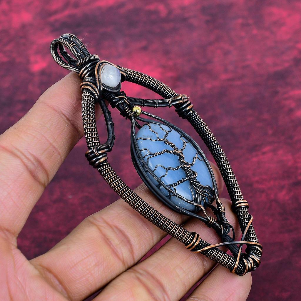 Tree Of Life Angelite Gemstone Pendant Rainbow Moonstone Pendant Copper Wire Wrapped Pendant