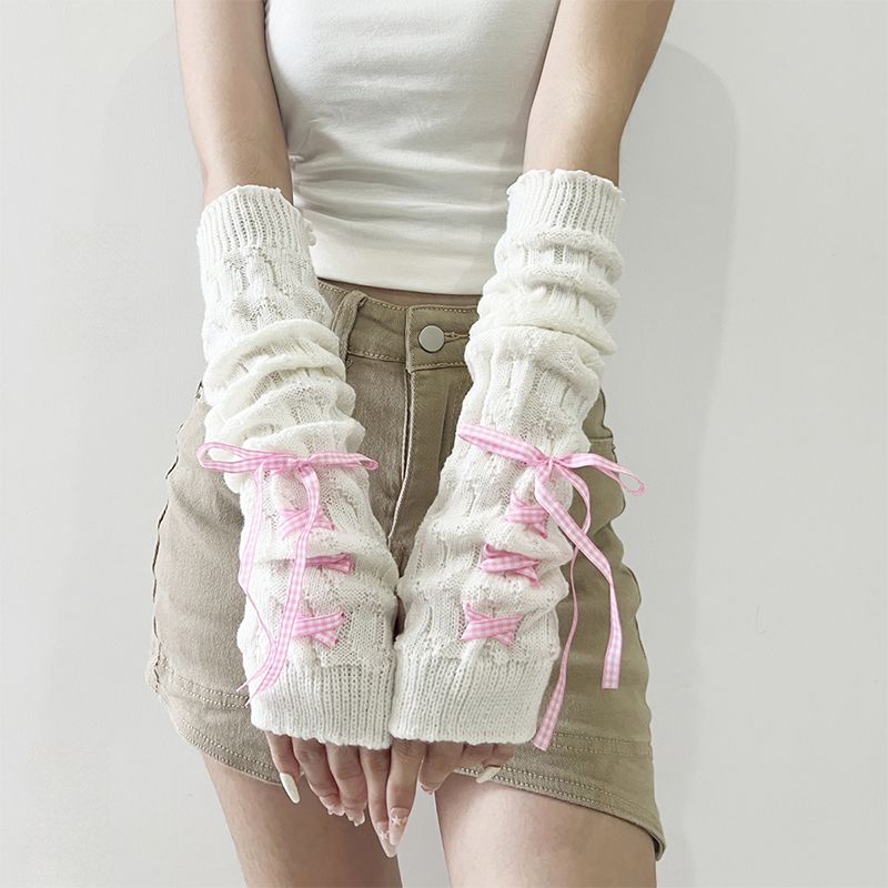 

Charnuo Xiucai Asian Culture Gloves Japanese Style Knitting Oversleeve JK Young Adult Y2g Oversleeve Ribbon Tie Arm Sleeve White, Pink and White Silk Ribbon All yards