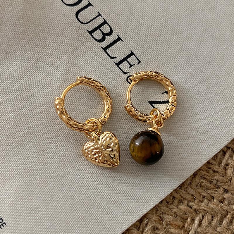 Autumn And Winter Merad Tiger'S Eye Stone Ear Buckle Love Asymmetrical Earrings Temperament Niche Retro High-End Earrings Earrings
