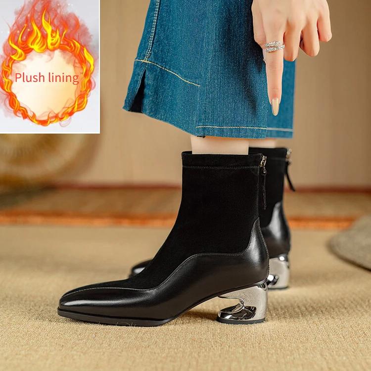 New 5.5cm Irregular Curved Heel Sheep Suede Short Boots  Autumn/Winter Fashion Short Plush  Warm Black Brown Ankle Boots Size 40