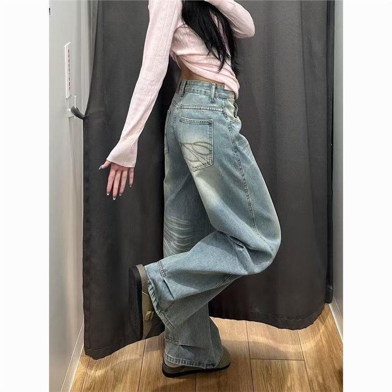 Women s High-Waist Light Blue Embroidered Wide-Leg Jeans L