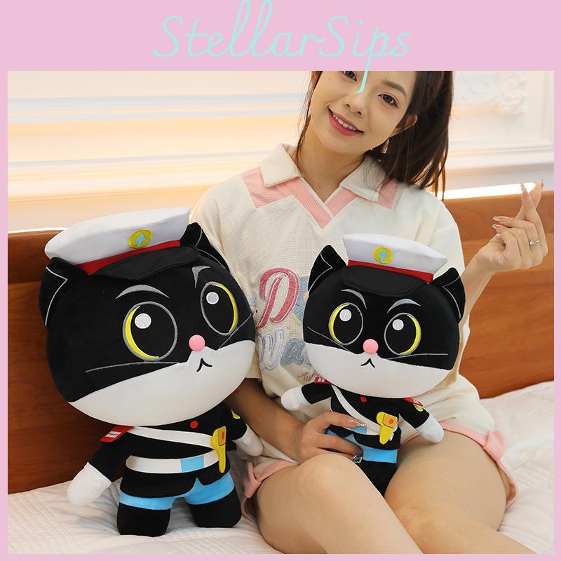 Cat Adorable Black Sheriff Plush Toy Cuddly Sleep Buddy Kids Bedtime Doll Gift