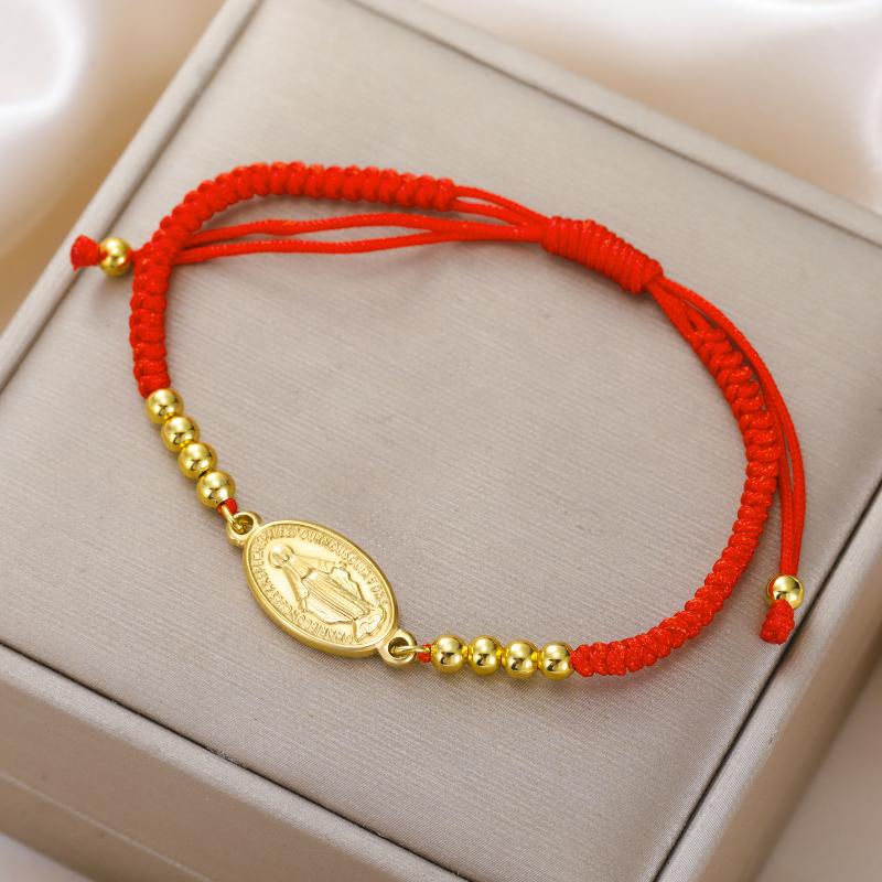 1Pcs Stainless Steel Cross Women'S Red Bracelet Holy Mother Mary Pendant Bracelet Rouge Gold Color Jewelry Religious Gifts