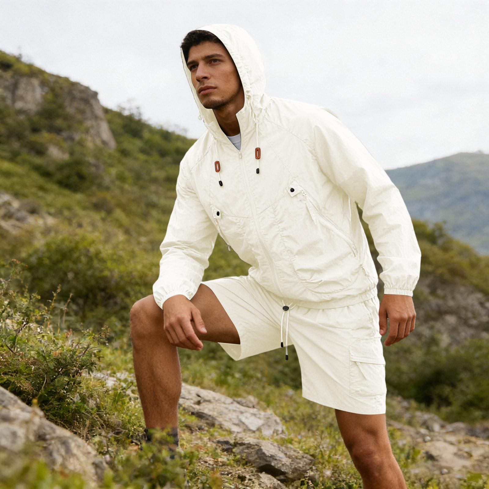 

Men s Silk Quick-drying Hooded Coat With Sun , Thin , Casual Sports Sun Clothing, Shorts + Long-sleeved Set L бежевый