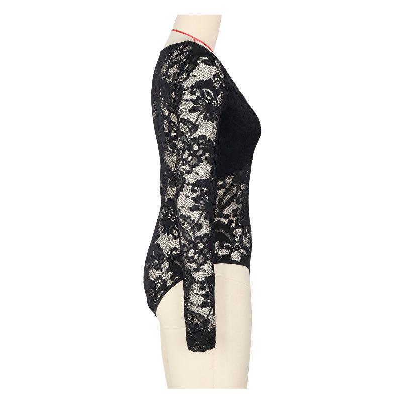 Body da Donna con Scollo Quadrato e Patchwork di Pizzo - Sexy Monopezzo a Manica Lunga