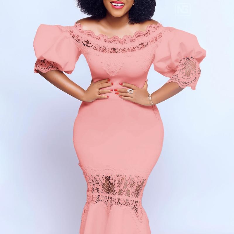 Women's One-word Collar Bubble Sleeve Lace Stitching Banquet Fishtail Dress Dress Long Dress Dress