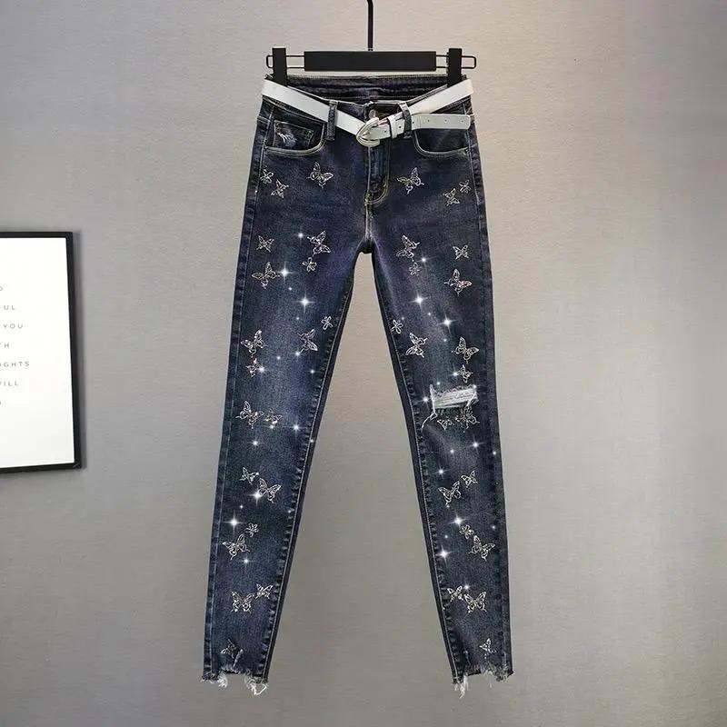 Spring Women's Fashion High Waist Slim Fit Butterfly Rhinestone Decorated Jeans
