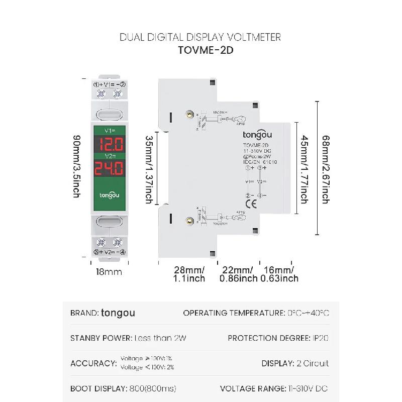 Din Rail Smart LED Digital DC11V-310V Direct Current Voltage Meter Numeric Display Voltage Gauge for Electronics
