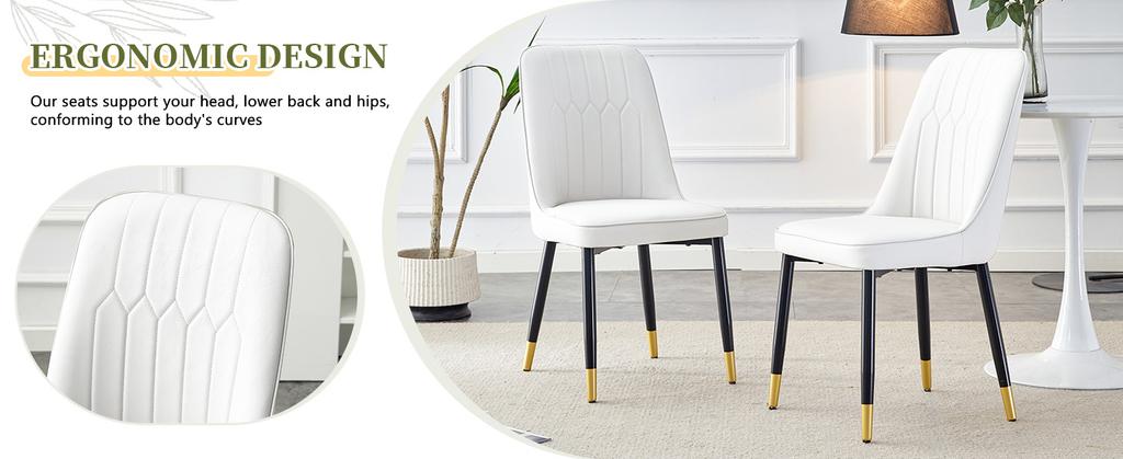 Juego de 2 sillas de comedor modernas blancas con tapicería de respaldo de cuero PU y patas de metal negro, adecuadas para comedor, cocina y dormitorio.